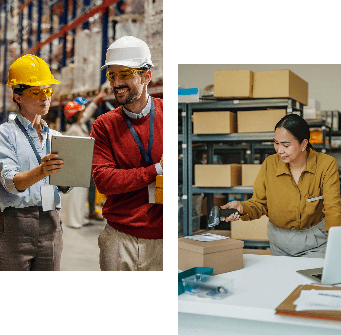 Warehouse workers discussing and scanning packages