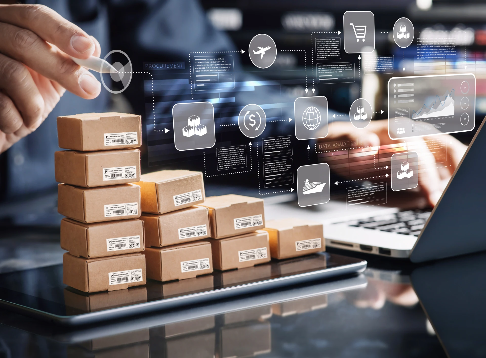 Stacked parcels and digital logistics icons