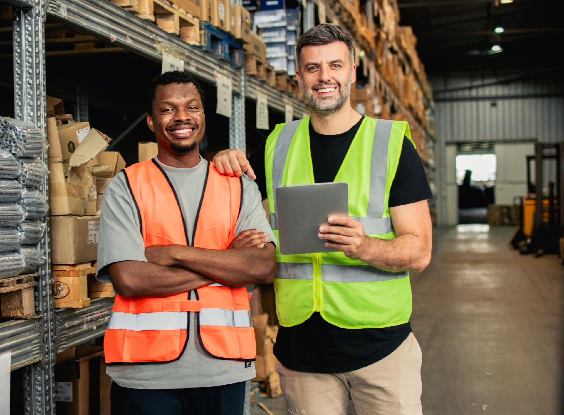 Warehouse workers in safety vests smiling